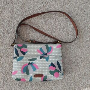 Fossil Floral Print Crossbody Bag Women's Brown Leather Strap Adjustable